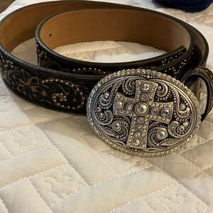 Justin Boots Black and Brown Belt with Silver Cross Buckle